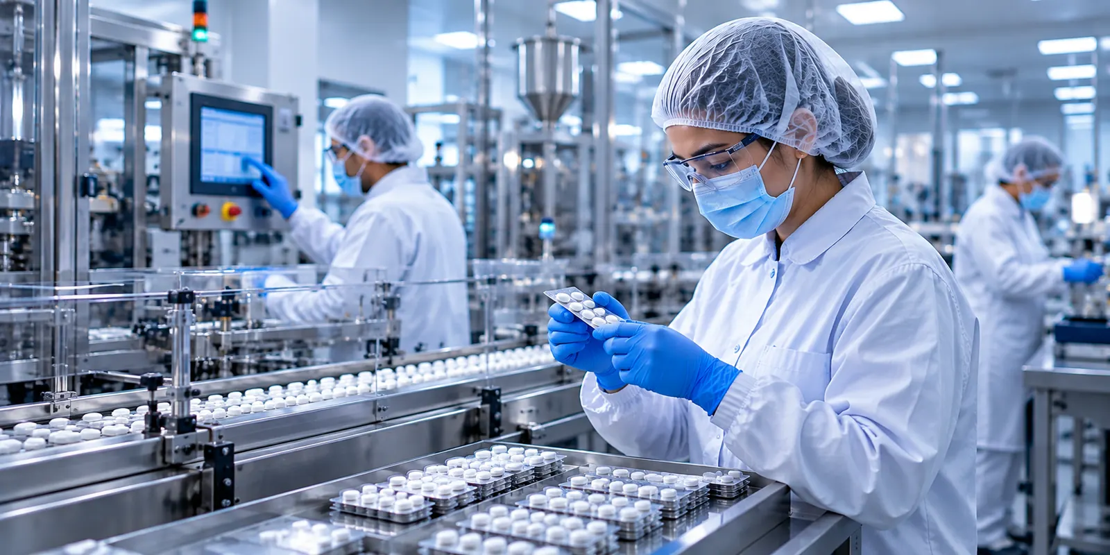 Pharmaceutical industry professionals inspecting blister packs in a modern production environment