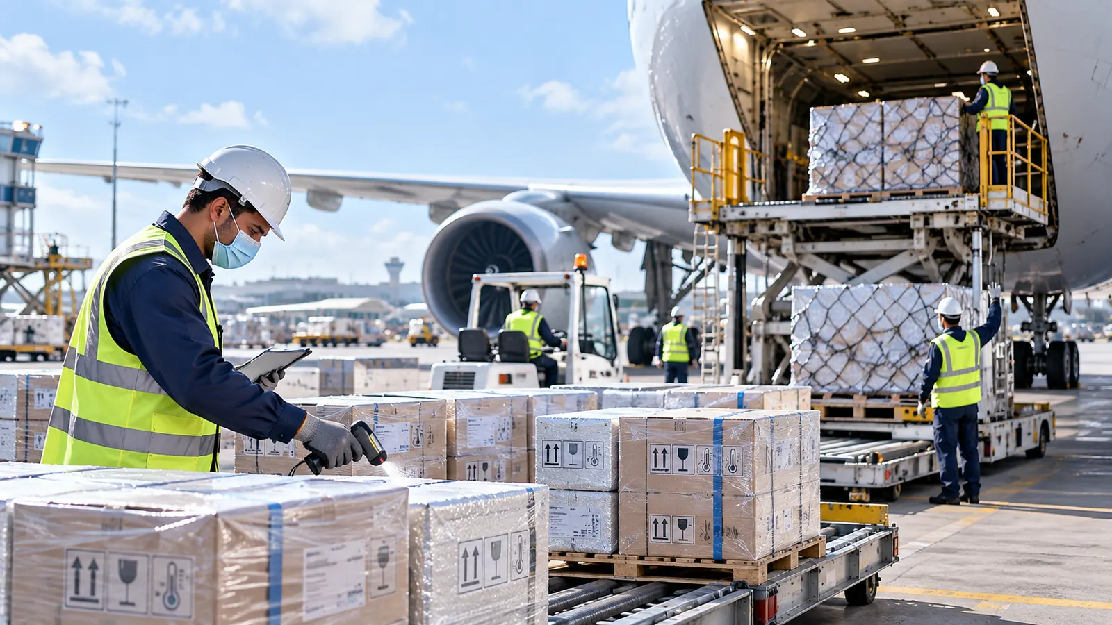 Pharmaceutical cargo being loaded onto an aircraft at an airport