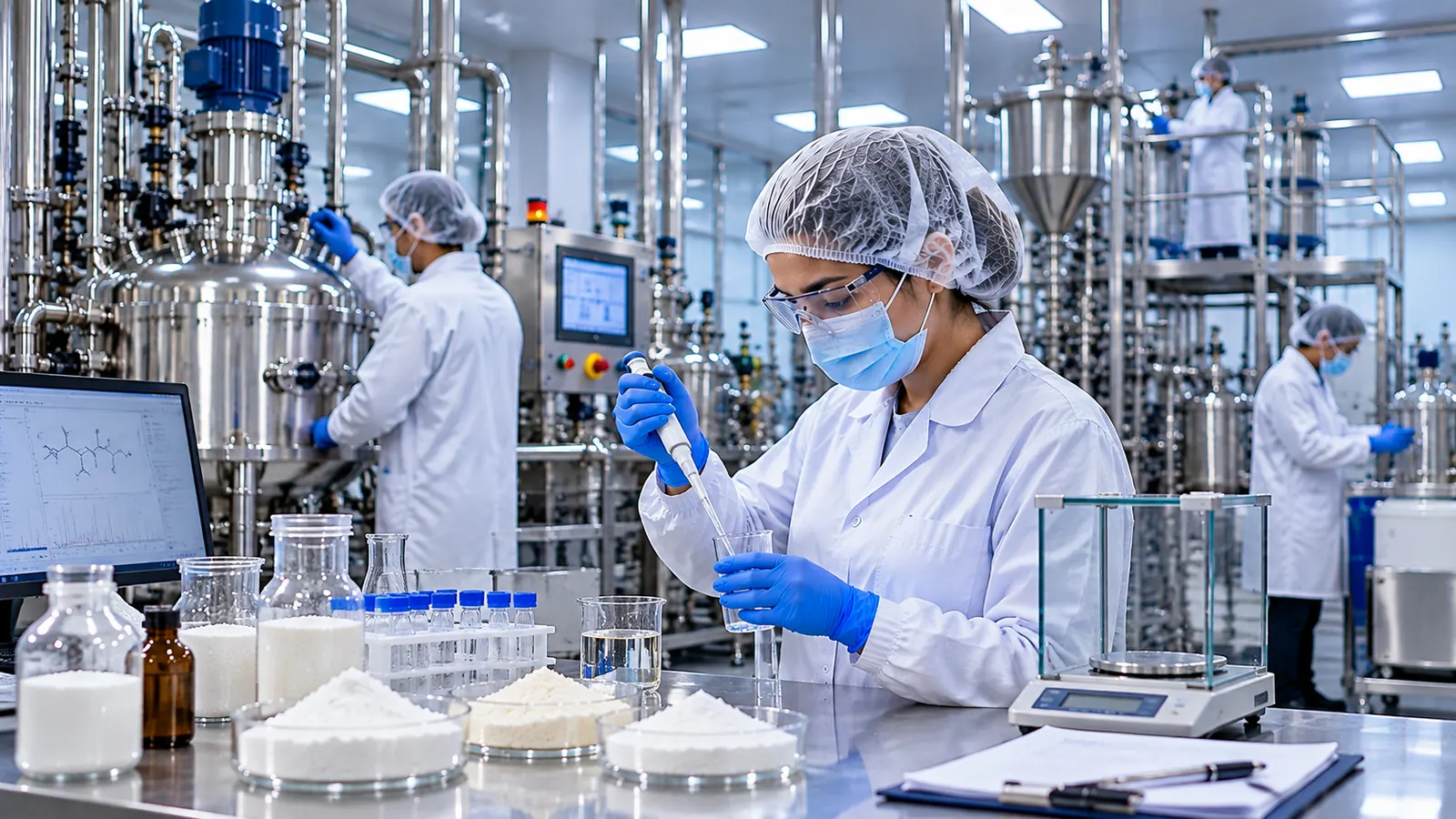 Pharmaceutical quality control professional reviewing production materials